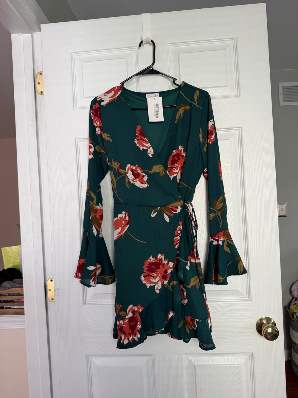 Pink Lily Teal Floral Wrap Mini Dress with Bell Sleeves